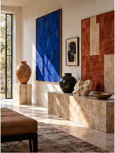 Large abstract artwork above a console in a warmly lit interior