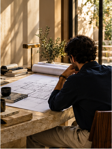 Design professional studying an interior plan beside material references