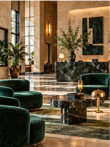 Boutique hotel lounge furnished for relaxed conversation and hospitality