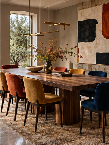 Contemporary dining room with a generous table and upholstered chairs