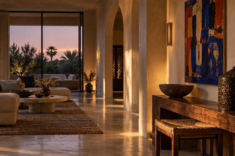 Warm light moves across a textured corridor toward a vivid artwork
