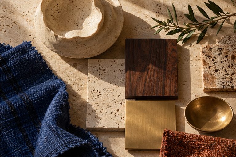 A tactile palette of stone, walnut, brushed metal, indigo fabric and ceramic
