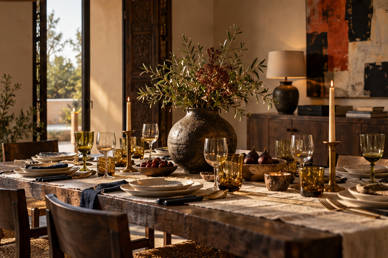 A welcoming dining table set with tactile linens, glassware and natural objects