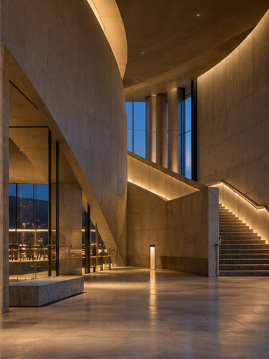 Modern architectural interior with light grazing curved stone forms