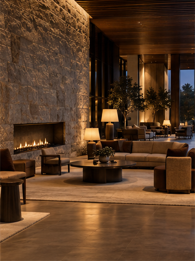 Hotel lounge with layered warm light and textured materials