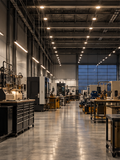 Industrial workshop with clear task lighting and visible structural details