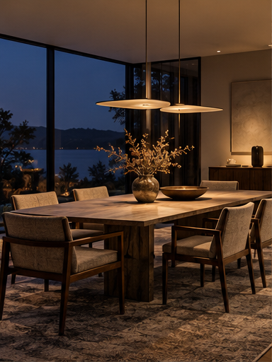 Residential dining room with warm pendant light at dusk