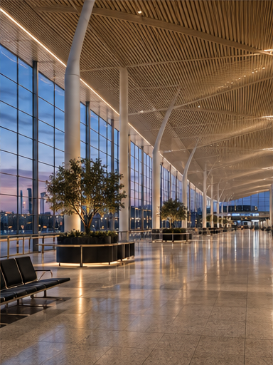 Contemporary transport terminal with luminous circulation and seating